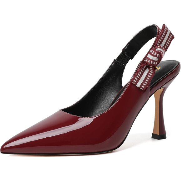 Women's Burgundy Leather High Kitten Heel Shoes Closed Pointed Toe Dress Pumps